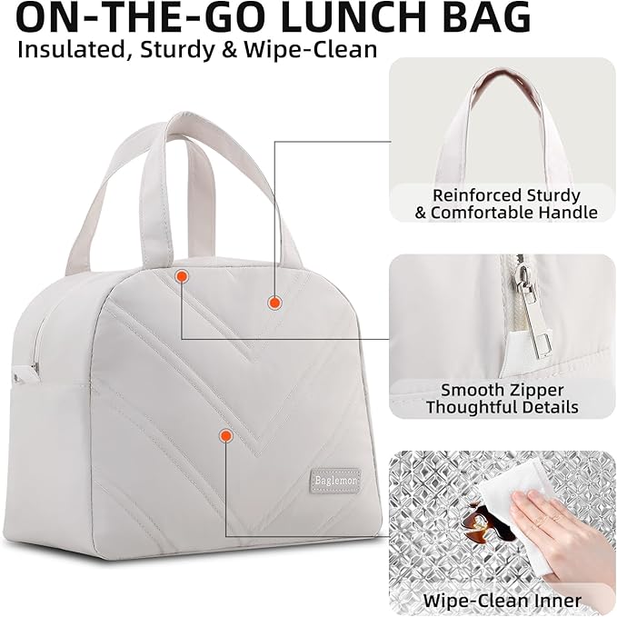Insulated Lunch Bag for Women – Stylish Reusable Lunch Tote, Cute Thermal Lunch Bags for for Work&Picnic&Travel – Premium Insulated Lunch Bag for Women with Quilted Design (Beige)