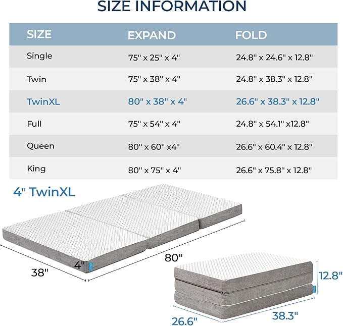 Odorless Foldable Mattress Twin XL 80" x 38" x 4", 4 Inch Folding Foam Mattress with Storage Bag, Fiberglass Free Trifold Memory Foam Mattress for RV, Guest Bed