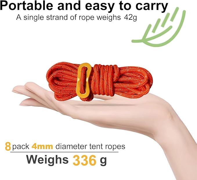 8 Pack High-Reflective Guy Lines 4mm Tent Cords High-Strength Lightweight Camp Ropes with Aluminum Adjuster Tensioner for Tent, Tying Down Tarps, Camping, Outdoor Packaging (Orange)