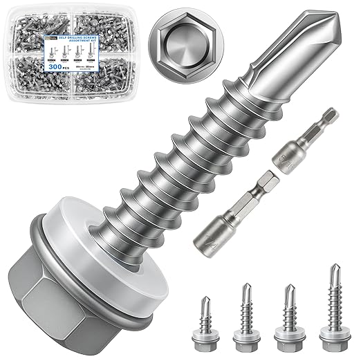 300Pcs Self Tapping Screws Assortment Kit, Self Drilling Screws for Metal, #8 1/2" 3/4" #10 3/4" 1", Sheet Metal Screws with Hex Washer Head