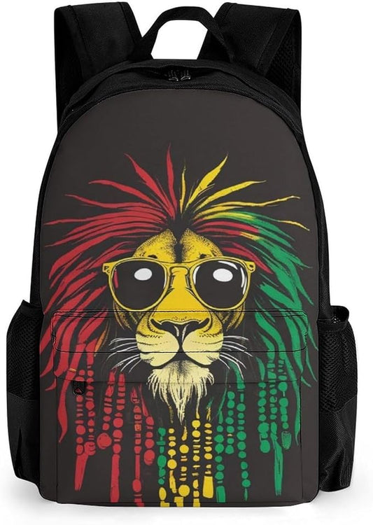 Polyester Daypack Backpack for Trekking Picnic Walking Cycling, Large Capacity Anti-Theft Multipurpose Shoulder Bag, Rasta Lion Sunglasses Casual Daypack