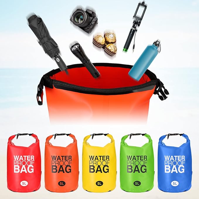 Jexine 15 Pack Dry Bag Waterproof, 5L Ultralight Dry Sacks Roll Top Storage Bag Backpack Camping Portable Outdoor Bags Keep Gear for Backpacking Kayaking Hiking Swimming Fishing Boating (Multicolor)