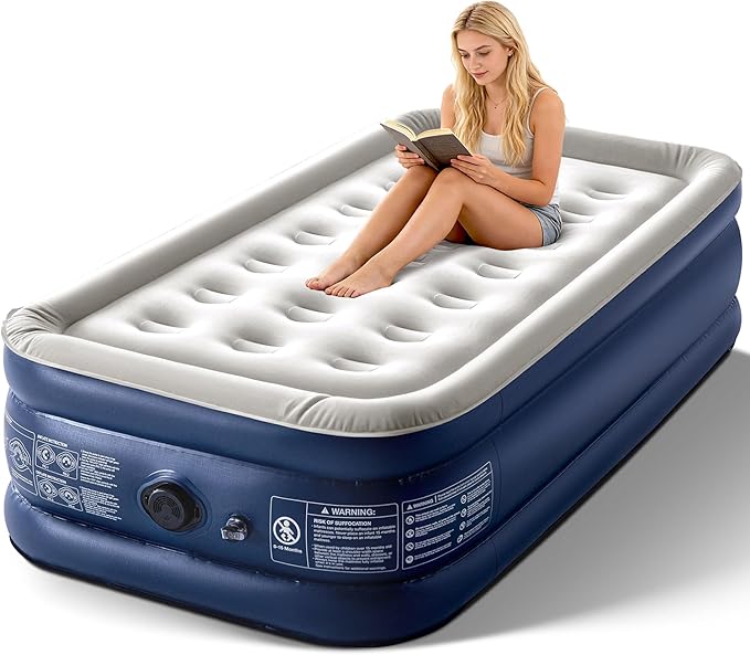 Camping Twin Air Mattress with Built-in Pump 18" Thickness 330lbs Heavy Duty Comfortable Blow up Air Mattress with Carry Bag Inflatable Foldable Flocked Top Air Bed for Travel, Home (Blue & Grey)