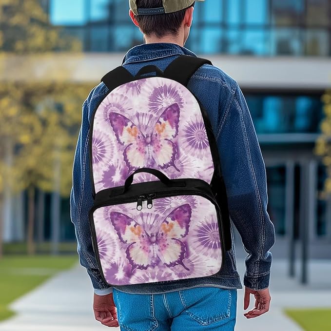 HUGS IDEA Purple Butterfly Backpack for School Girls Bookbag and Lunch Box for Kids 17 Inch Backpack Purse for Elementary Children Lightweight School Bookbag for Students