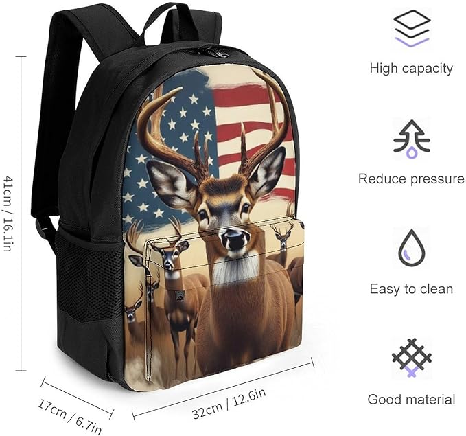 Supdreamc Lightweight Daypack Backpack for Trekking Work Running, Big Capacity Multipurpose Anti-Theft Bookbag, American Us Flag Hunting Deer Business Computer Bag