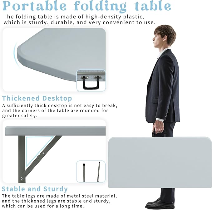 Set of 2 Square Folding Table 34in Multi-Functional Portable Folding Card Table with Carrying Handle for Indoor Outdoor Camping,Picnic, Office, Party Use HDPE Plastic Tabletop with Metal Frame(Grey)