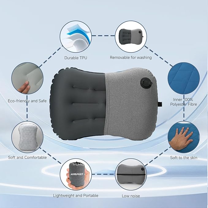 AIRSPIRIT Inflatable Camping Pillow Ultralight Adjustable Firmness, TPU Travel Pillow for Neck & Lumbar Support, Hiking, Backpacking, Airplane, Car Travel & Beach with Removable Washable Cover (Blue)