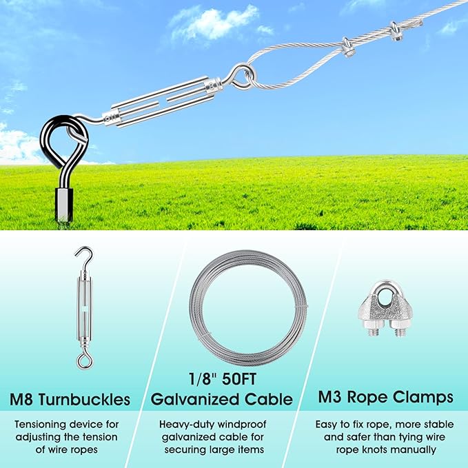 Ground Anchors Shed Anchors Kit with 1/8" Galvanized Cable and Turnbuckles, Trampoline Stakes Heavy Duty Earth Anchor for Sheds Canopy Gazebo Mobile Home Swing Set(6x15in)