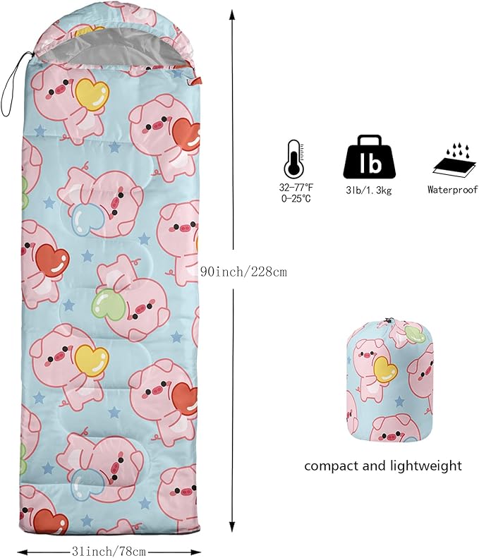 AILONEN Kawaii Puppy Sleeping Bag for Kids Boys Girls,Warm and Cool Weather,Lightweight,Waterproof Backpacking,Cartoon Cute Dog & Duck Animal Themed Blue Sleeping Bag for Camping