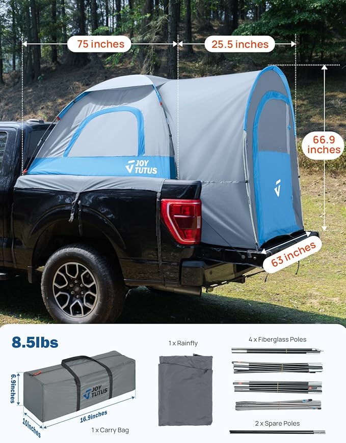 JOYTUTUS Truck Tent with Rainfly 6.5Ft, Straight Spacious Truck Bed Tent with Sky View Mesh, Waterproof PU2000mm Double Layer for 2 Person, Gray Blue