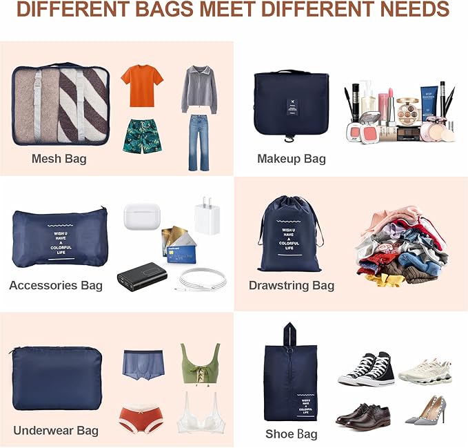 8 Set Compression Packing Cubes for Travel Essentials,Suitcase Organizer Bags, Carry-On Luggage Accessories with Laundry & Toiletry Bag, Road Trip & Camp Gifts for Men and women（navy）