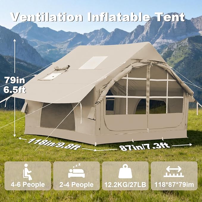 Inflatable Camping Tent,2/4/6/8 Person Glamping Inflatable Tents with Awning, Quick Setup Blow Up Tents with Pump, Waterproof Oxford Inflatable House for Camping, Air Glamping Hot Tents for Adult