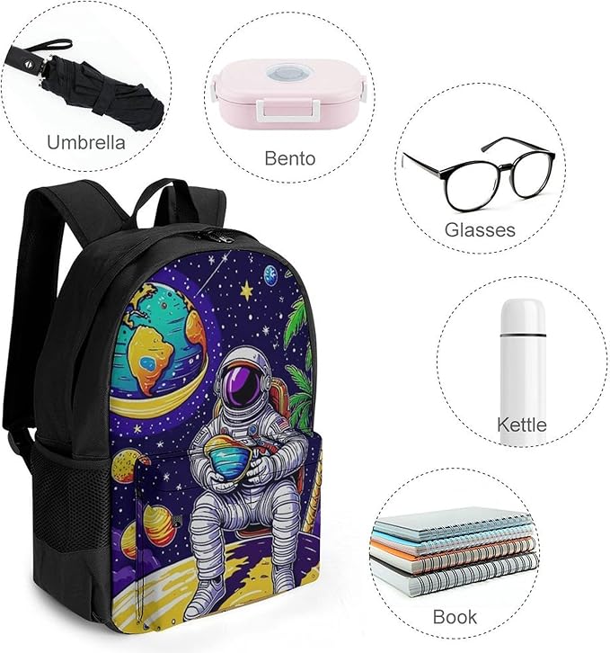 Daypack Bookbag Anti-Theft Multipurpose Large Capacity Bookbag, Space Astronaut Galaxy Palm Tree Art Travel Hiking Camping Rucksack With Adjustable Shoulder Straps