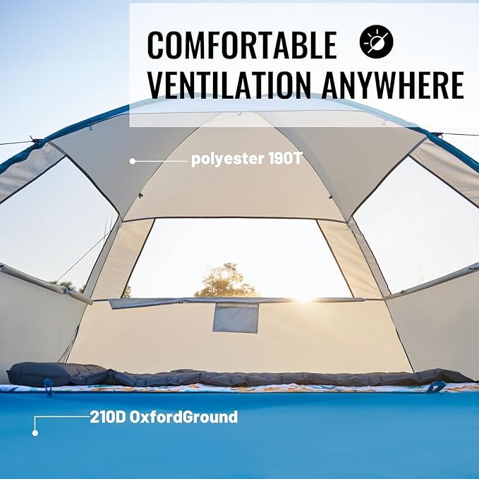 EchoSmile Pop Up Beach Tent for 4 Person Family, UPF 50+ Sun Shelter & Waterproof Beach Shade for Kids, Automatic Easy Setup Portable Cabana for Outdoor Travel（Light Blue）