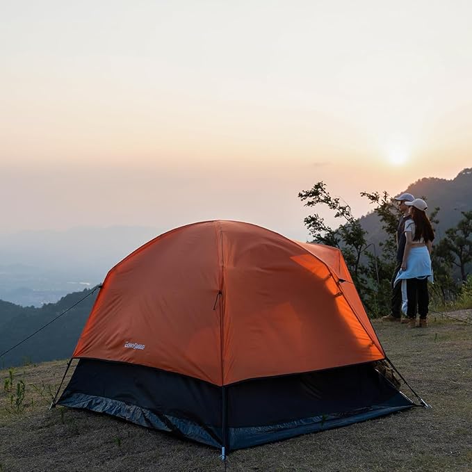 2/3/4 Person Camping Tent Waterproof Windproof Double Layer with Rainfly Easy Setup Lightweight for Backpacking Hiking Family Outdoor Black+Orange