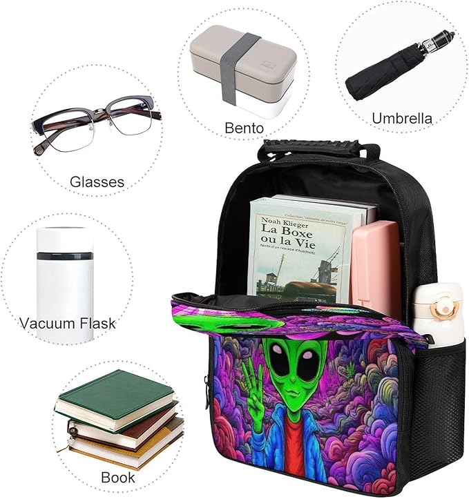 Men Women Polyester Trippy Space Alien Marijuanaweed Art Daypack Big Capacity Shoulder Bag With Smooth Zippers for Hiking Work Walking Cycling