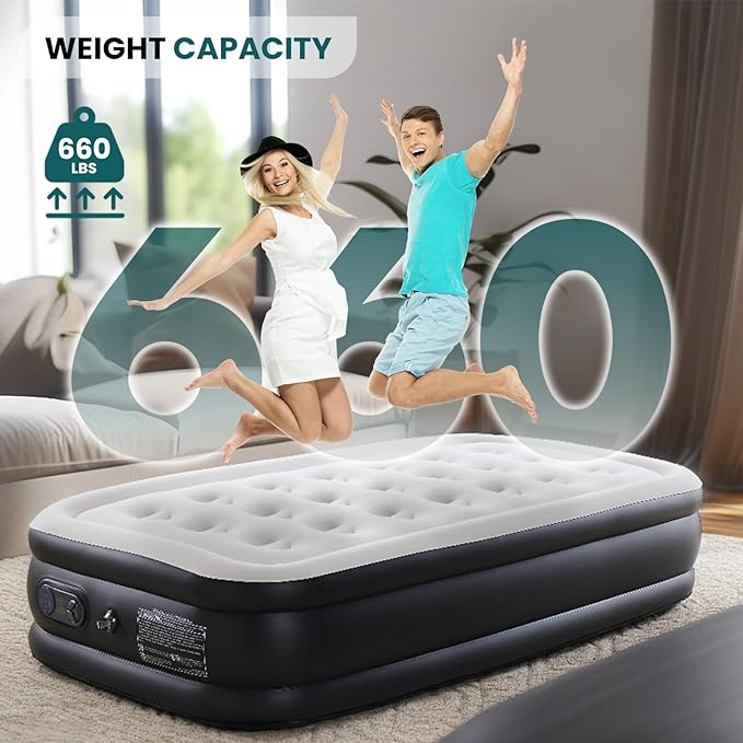 Sweetcrispy Twin Air Mattress - 18" Inflatable Blow Up Airbed with Built-in High Capacity Pump, Double Height, Non-Slip Bottom Design, Weight Capacity 660 lbs Air Bed for Home or Camping