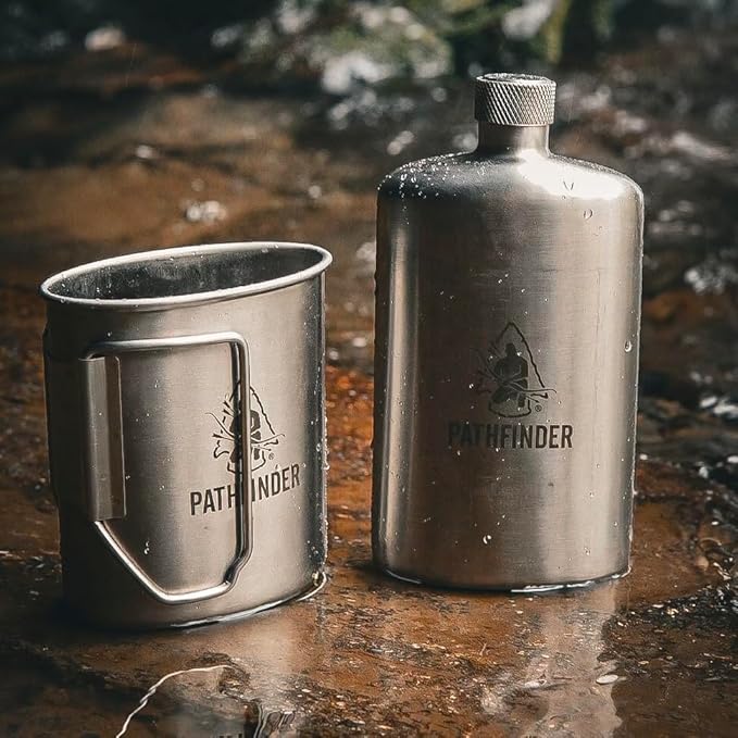 The Pathfinder School Stainless Steel Nesting Cup & M34 Scout Canteen - Survival Gear and Supplies - Bushcraft Gear Camping Essentials - Hiking Water Bottle - Camping Canteen- Backpacking Kit