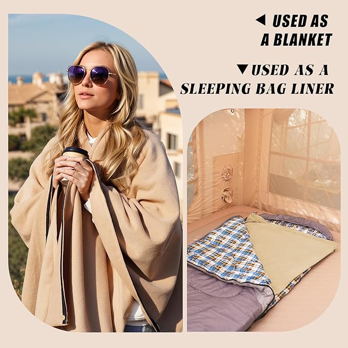 Outdoor Camping Blanket, Poncho Wearable Pocket Blankets, 74.5 in * 63 in, Warm, Comfy, Durable & Portable, Machine Washable, for Stadium, Concerts, Car Travel, Sports, Hiking, Sofa. (Khaki)