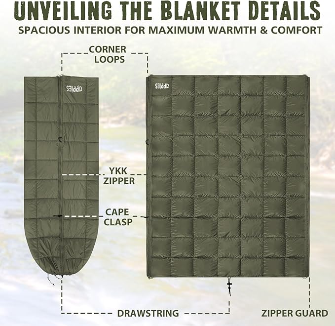 3M Thinsulate Insulation Puffy Camping Blanket for Cold Weather, Queen Size Warm Camping Quilt with Zipper, Waterproof Outdoor Sleeping Bag for Hammock, Cozy & Versatile Gift for Men and Women