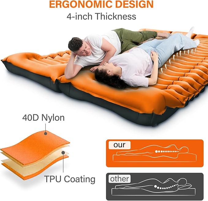 Double Sleeping Pad for Camping, 4" Extra Thick Self-Inflating Air Mattress - 2 Person Inflatable Camping Mat with Built-in Foot Pump & Pillow, Backpacking Hiking Tent Travel-Orange