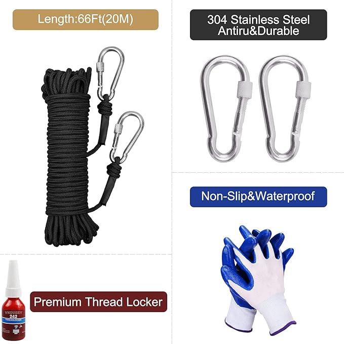 VNDUEEY 1000 LBS Fishing Magnet Kit, Magnet Fshing Kit-Includes Grappling Hook, Heavy Duty 65FT Rope, Gloves & Locking Carabiner - 2.95inch Diameter