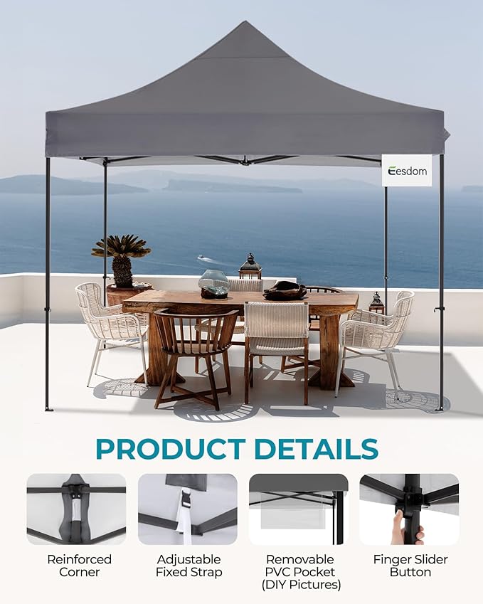 10x10 Pop Up Canopy with Wheeled Bag, Commercial Portable Canopy Tent, Easy Set Up, 4 Stakes & 4Sandbags & 4 Ropes, Waterproof Outdoor Shelter for Market, Parties, Grey