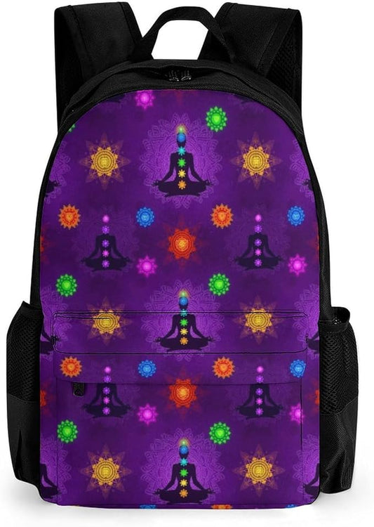 Men Women Lightweight Seven Chakra Yoga Meditation Lotus Purple Mandala Casual Daypack Large Capacity Bookbag With Adjustable Shoulder Straps for Gym Business Bicycle