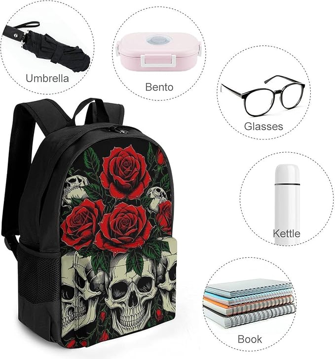 Shoulder Book Bags Polyester Multipurpose Anti-Theft Skull Red Rose Florals Art Carry On Bag Large Capacity Travel Hiking Camping Rucksack