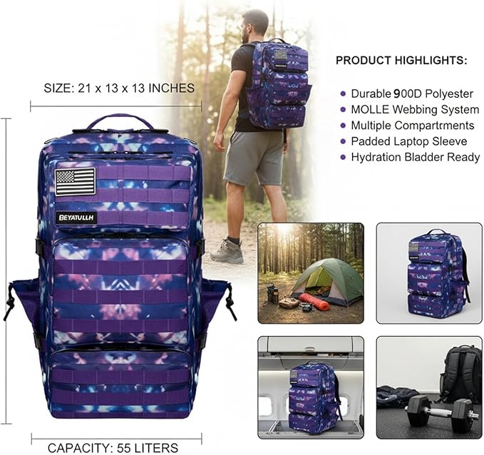 Military Tactical Backpack 55L for Men & Women Bug Out Bag Assault pack Molle Daypack Hiking Trekking Rucksack (Purple tie dye)