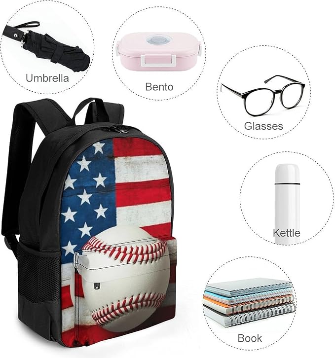 Lightweight Rucksack for Sports Travel Running, Big Capacity Multipurpose Anti-Theft Bookbag, Baseball Rustic Wooden American Flag Travel and Sport Backpack Rucksack