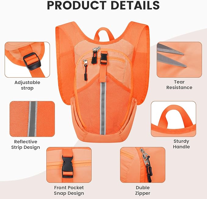 Small Hiking Backpack 10L-Lightweight Packable Foldable Backpack for Travel Camping Outdoor Commute,Compact Rucksack for Women Men(Orange)