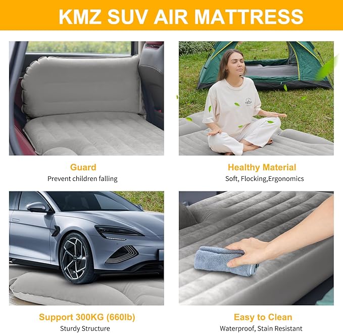 KMZ SUV Air Mattress Thickened and Double-Sided Flocking Travel Camping Bed with 2 Pillows & Electric Pump Dedicated Mobile Cushion Inflatable Bed for SUV Trunk and Rear Seat (Light Gray)