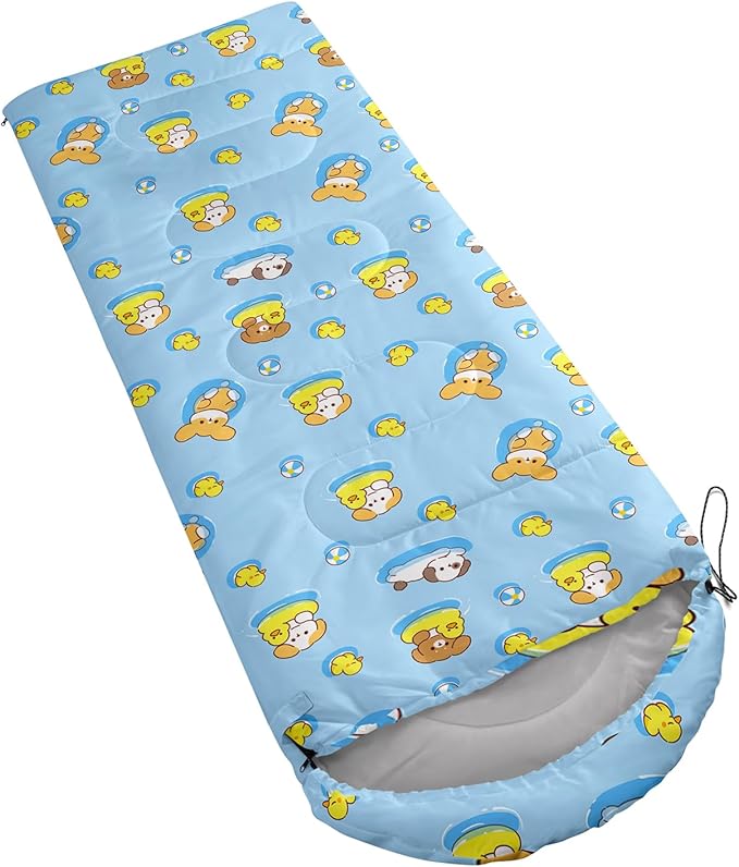 AILONEN Kawaii Puppy Sleeping Bag for Kids Boys Girls,Warm and Cool Weather,Lightweight,Waterproof Backpacking,Cartoon Cute Dog & Duck Animal Themed Blue Sleeping Bag for Camping