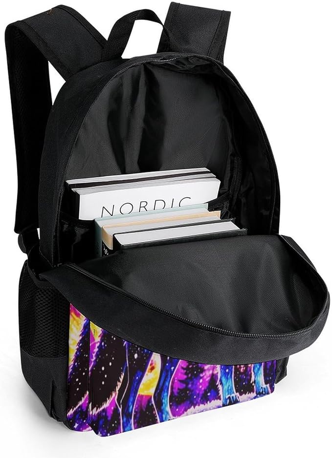 Supdreamc Daypack Backpack Anti-Theft Multipurpose Large Capacity Carry On Bag, Trippy Wolf Space Galaxy Art Traveling Camping Backpack With Side Pockets