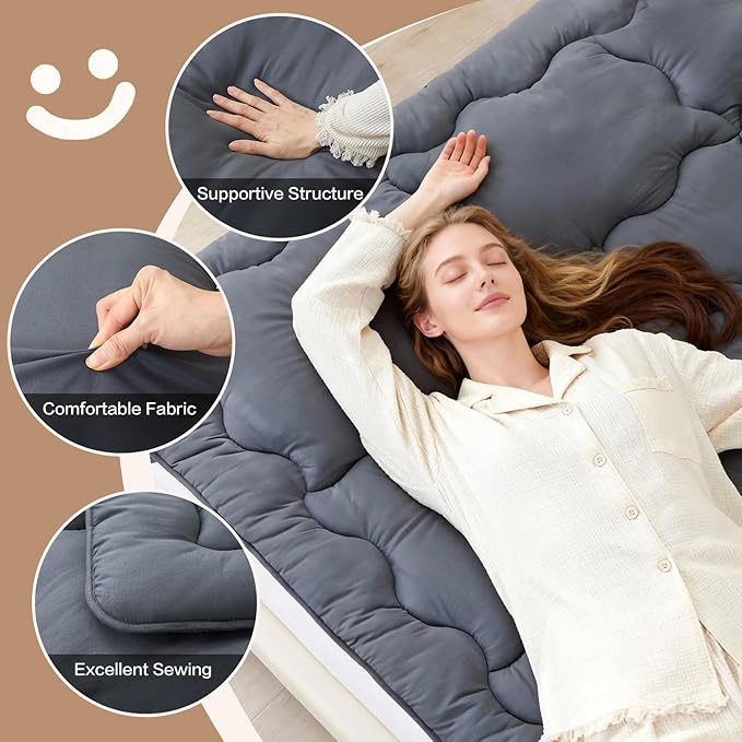 SAPHREAS Japanese Futon Mattress Floor Mattress King, Foldable Roll Up Bed Mattress Topper with Elastic Straps, Tatami Mat Sleeping Pad for Camping, Grey