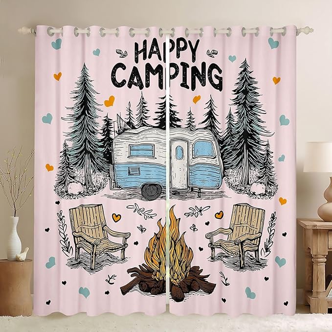 Feelyou Pink Camping Camper Rv Curtains for Bedroom Living Room Rustic Farmhouse Camper Blackout Darkening Drapes Happy Camping Window Treatments, 2 Panels 42 x 63 Inch Room Decor