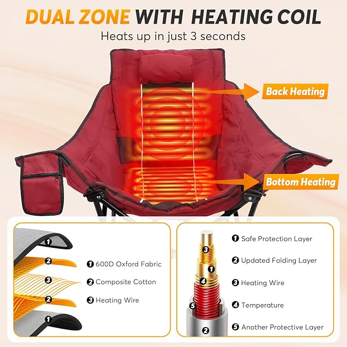 Suteck Heated Rocking Camping Chair - Fully Thicker Padded Heated Chairs for Outdoor Sports W/3 Heat Levels for Back & Seat, Heated Folding Chair for Adults with Carry Bag- Battery NOT Included