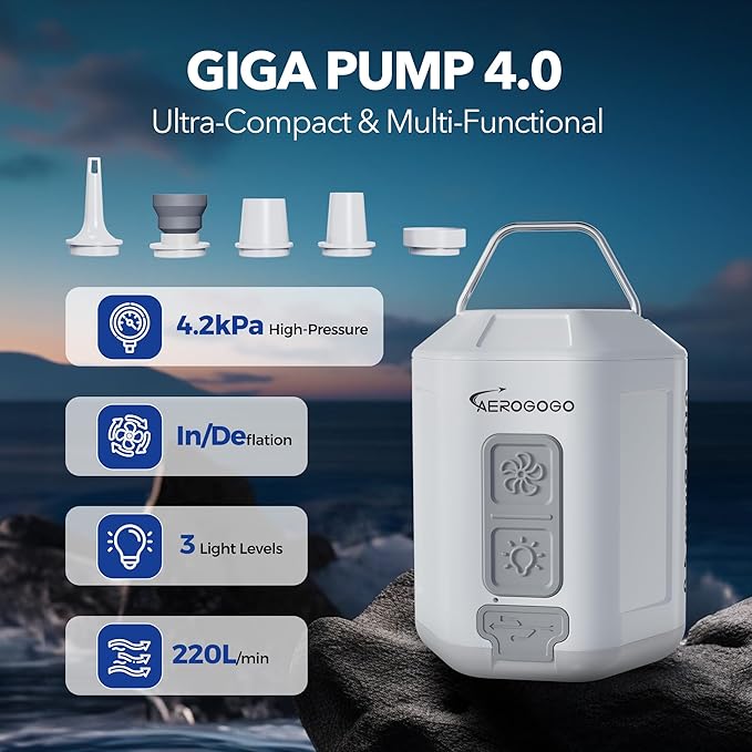 4.2kPa Portable Air Pump with Camping Light – GP4 Rechargeable Air Pump Ultra-Light for Pool Floats, Camping Pads, Inflatable Cushions, Swimming Rings, Sleeping Mats and More (White)