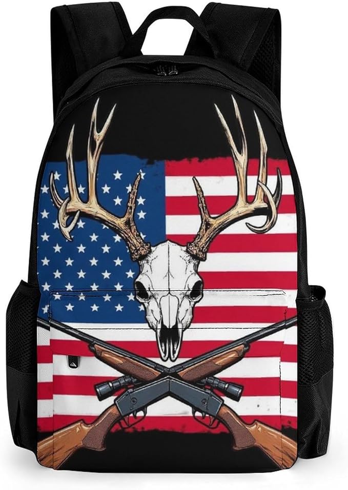 Lightweight Daypack Bookbag for Trekking Business Walking Cycling, Big Capacity Anti-Theft Multipurpose Carry On Bag, Hunting Deer Usa American Flag Black Business Computer Bag
