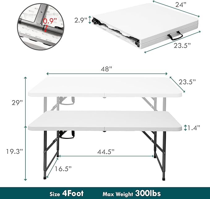 4ft Table, Adjustable Height Table with Foldable, Easy to Carry, for Family Gatherings, Outdoor Gatherings, Indoor