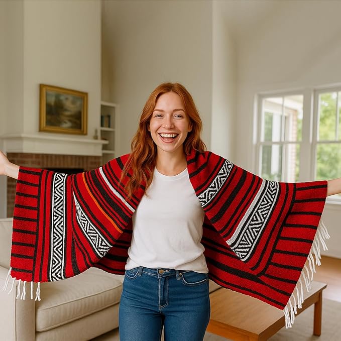 Airooglee 69" L x 51" W Large Mexican Blanket - Perfect as Yoga Outdoor Beach Serape Picnic Camping Woven Blanket, Boho Home Décor - Red