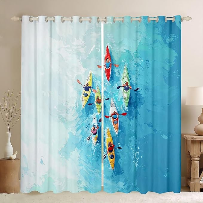 Manfei Go Boating Kids Blackout Curtains,Rowing Boat Lake Adventure Window Drapes,Row Paddle Summer Sport Games Nursery Bedroom Playroom Decor,Chic Blue 2 Panels,38Wx54L inch