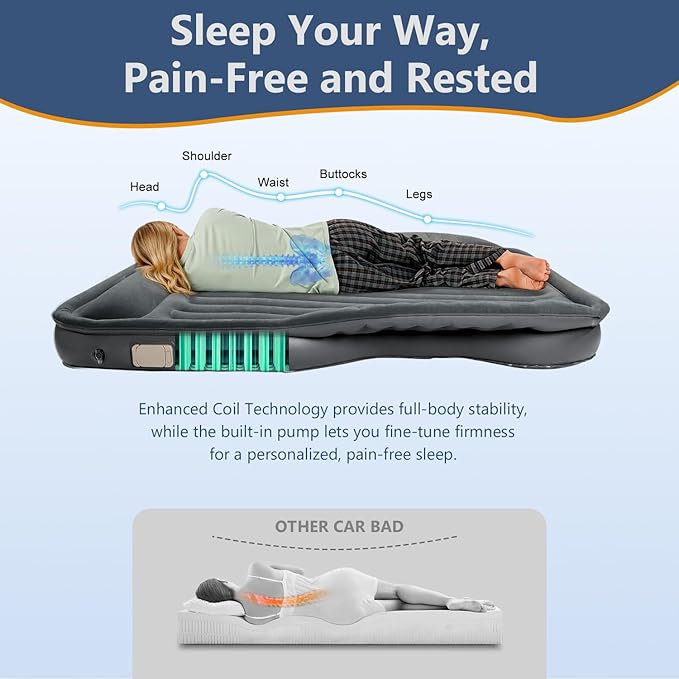SUV Air Mattress with Built in Pump,Leakproof Comfortable Durable Car Air Mattress, Car Bed Mattress with Built-in Pillow,for SUV Minivan MPV Road Trip Inflatable Bed