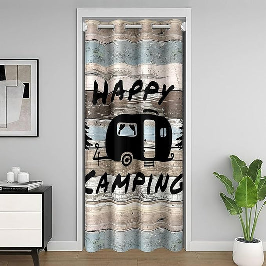 Camper Adventure Kids Door Curtain,RV Trailer Pine Tree Natural Blackout Curtain,Wooden Plank Cottage Farmhouse Bedroom Doorway Living Room Decor,Rustic Blue Privacy Door Drape 1 Panel,60" W X 80" L