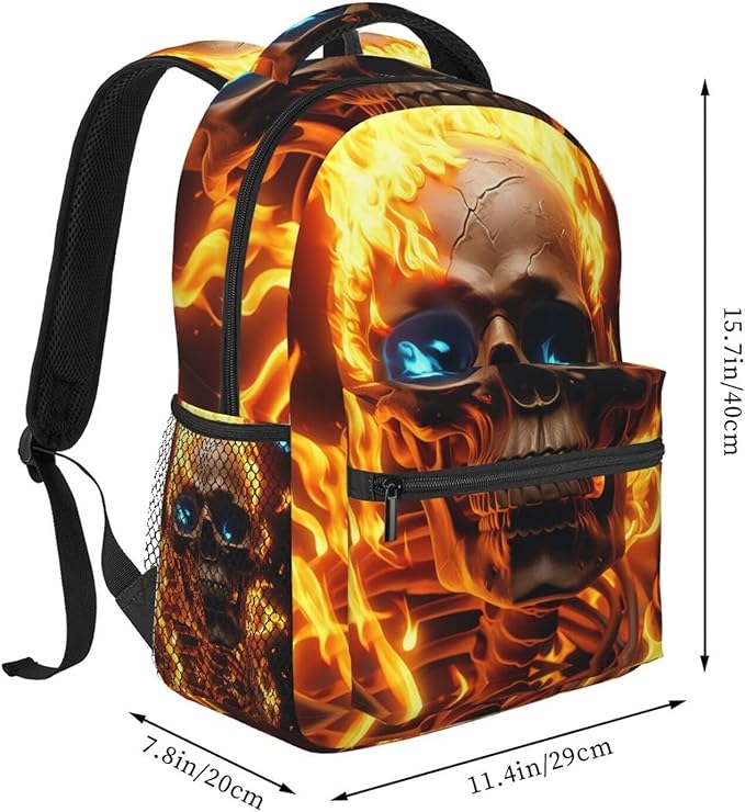 Daypack Backpack Polyester Anti-Theft Multipurpose Skull Flame Fire Art Bookbag Big Capacity Travel Hiking Camping Rucksack With Smooth Zippers