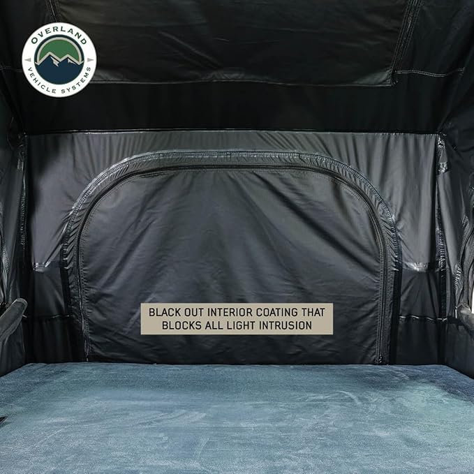 Overland Vehicle Systems XD Sherpa Soft Shell Aluminum Hard Shell Hybrid Roof Top Tent with Blackout Kit - Grey Body & Black Rainfly