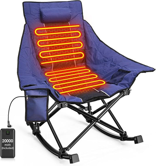 Slendor Heated Rocking Camping Chair with Padded & Pillow, 2000mAh Power Bank, 3 Adjustable Heat Settings, Oversized Camping Chair for Easy Setup and Foldable Storage, Blue