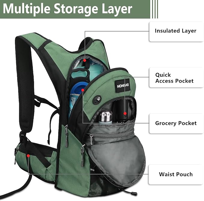 NONSAR Hydration Backpack, Hiking Backpack with 3L Water Bladder, Insulated Water Backpack for Women, Men, Kids, Keep Liquids Cool Up to 5 Hours, Daypack for Hiking, Running, Climbing, Cycling