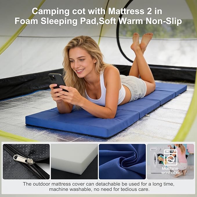DoCred Oversized Folding Camping Cot with 2” Mattress, Heavy Duty Sleeping Cot for Adults, Portable Adults Outdoor Bed with Carry Bag, Travel Camp Cots